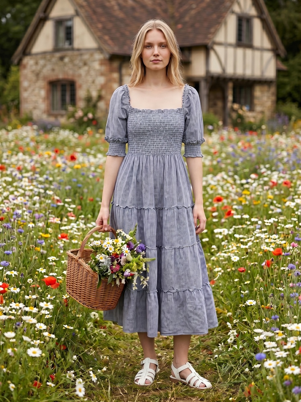 Hill House Nesli Nap Dress Size L Blue White Gingham Tiered Midi Puff Sleeve - Picture 2 of 10